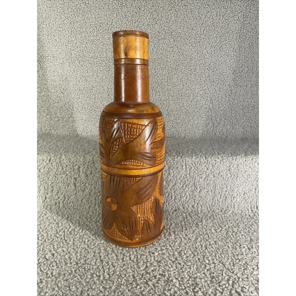 Vintage Hand Carved Floral Folk Art Wood Wooden Wine Bottle Holder Carrier